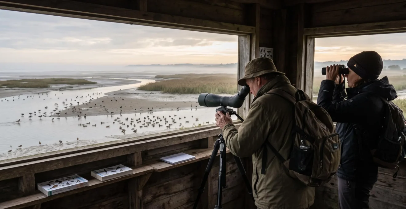 Deux observateurs dans un affût en bois regardent des oiseaux d'eau sur les vasières d'une zone humide normande au lever du jour