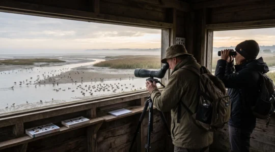 Deux observateurs dans un affût en bois regardent des oiseaux d'eau sur les vasières d'une zone humide normande au lever du jour