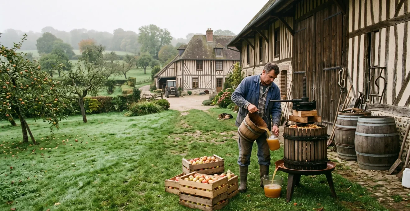 Un producteur normand presse des pommes devant un manoir à colombages du Pays d'Auge, entouré de caisses de fruits et de barriques de cidre.