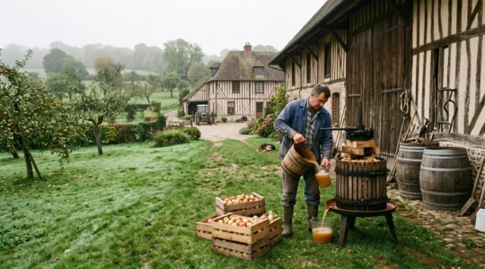 Un producteur normand presse des pommes devant un manoir à colombages du Pays d'Auge, entouré de caisses de fruits et de barriques de cidre.