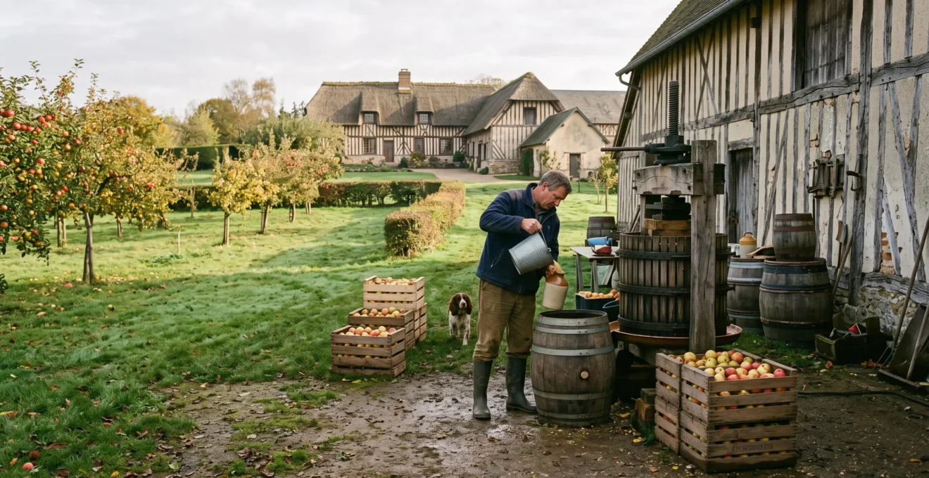 Un producteur normand presse des pommes devant un manoir à colombages du Pays d'Auge, entouré de caisses de fruits et de barriques de cidre.