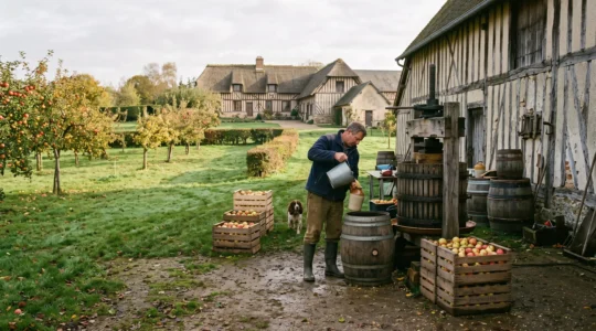Un producteur normand presse des pommes devant un manoir à colombages du Pays d'Auge, entouré de caisses de fruits et de barriques de cidre.