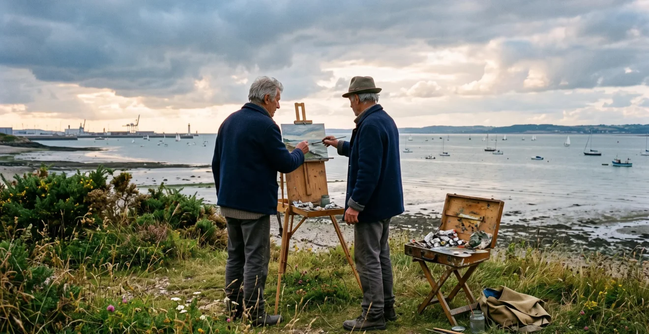 Un peintre travaille sur un chevalet de campagne face à l'estuaire de la Seine, en Normandie, sous une lumière changeante.