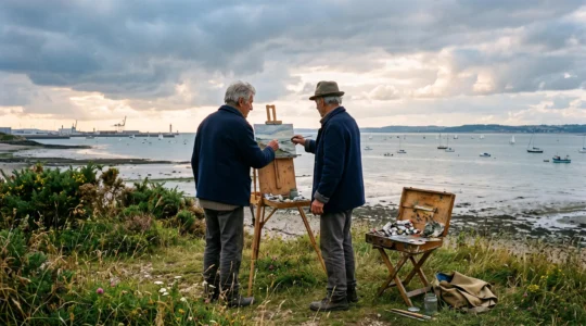 Un peintre travaille sur un chevalet de campagne face à l'estuaire de la Seine, en Normandie, sous une lumière changeante.
