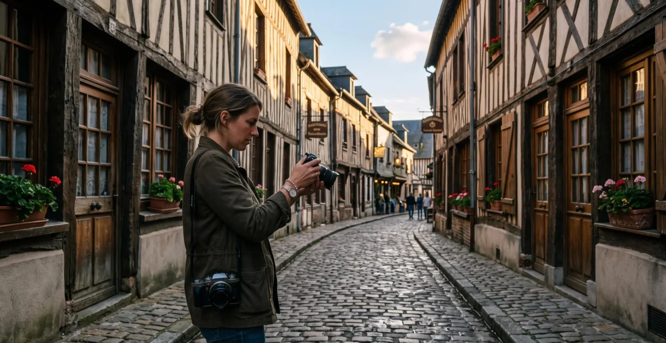 Un photographe prend en photo des maisons à colombages dans une rue étroite d'un village normand au coucher du soleil.