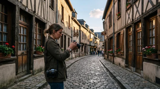 Un photographe prend en photo des maisons à colombages dans une rue étroite d'un village normand au coucher du soleil.