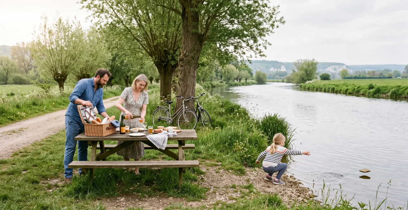 Une famille pique-nique à une table en bois au bord d'une rivière normande calme, entourée d'arbres et d'un chemin de halage.