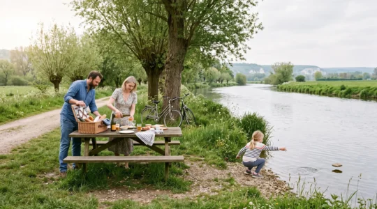 Une famille pique-nique à une table en bois au bord d'une rivière normande calme, entourée d'arbres et d'un chemin de halage.