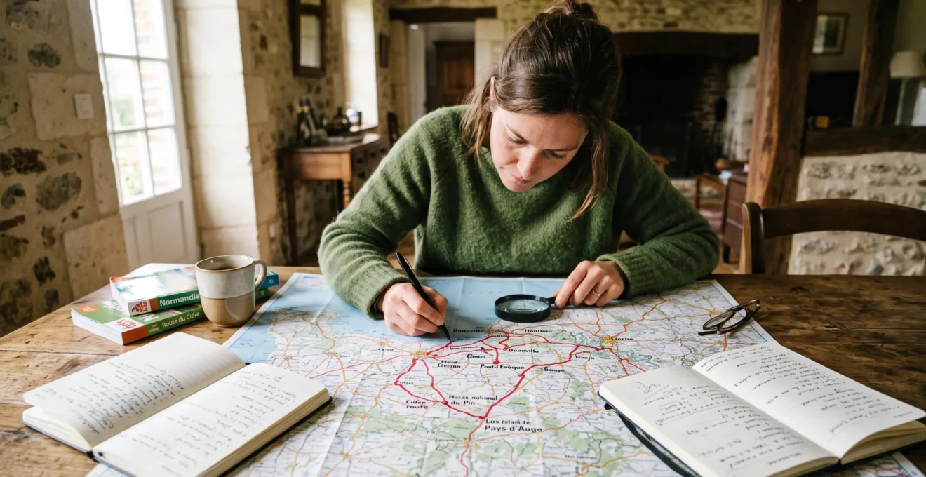 Une personne trace un itinéraire en boucle sur une carte routière de la Normandie posée sur une table en bois, entourée de notes manuscrites.