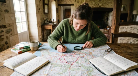 Une personne trace un itinéraire en boucle sur une carte routière de la Normandie posée sur une table en bois, entourée de notes manuscrites.