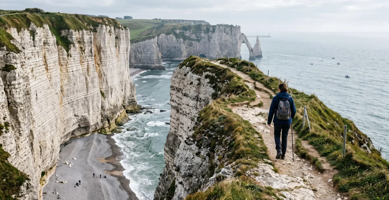 Un randonneur marche sur un sentier au sommet de falaises de craie sur la Côte d'Albâtre, avec la mer et des formations rocheuses au loin.