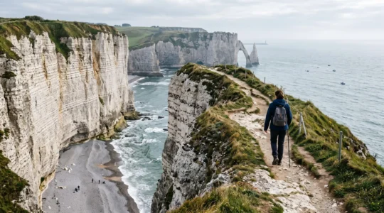 Un randonneur marche sur un sentier au sommet de falaises de craie sur la Côte d'Albâtre, avec la mer et des formations rocheuses au loin.