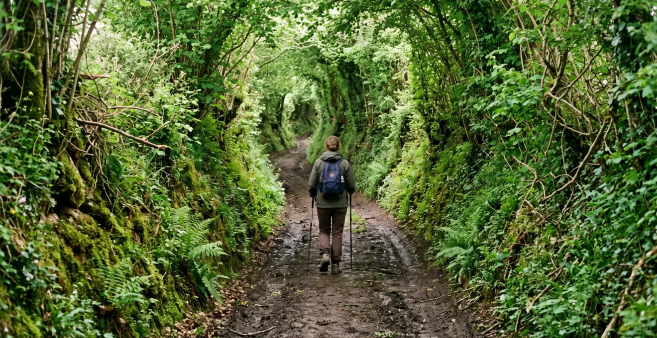 Un randonneur marche dans un chemin creux bordé de haies bocagères hautes en Normandie.