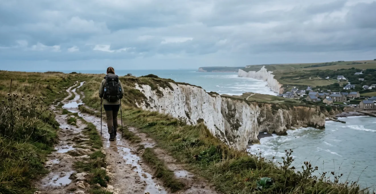 Un randonneur avec un sac à dos marche sur un sentier de terre boueux en haut des falaises crayeuses normandes au-dessus de la mer.