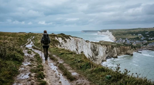 Un randonneur avec un sac à dos marche sur un sentier de terre boueux en haut des falaises crayeuses normandes au-dessus de la mer.