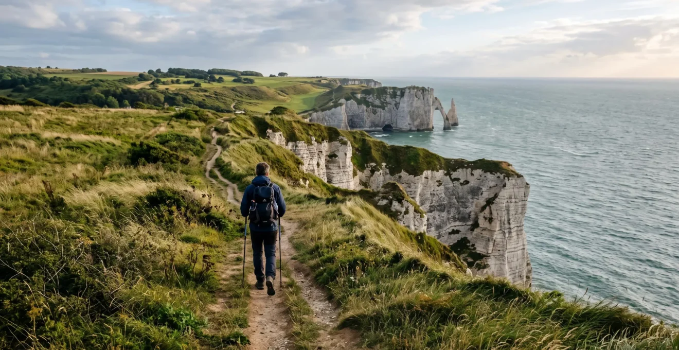 Un randonneur avec sac à dos et bâtons de marche avance sur un sentier herbeux en haut de falaises crayeuses dominant la Manche en Normandie.
