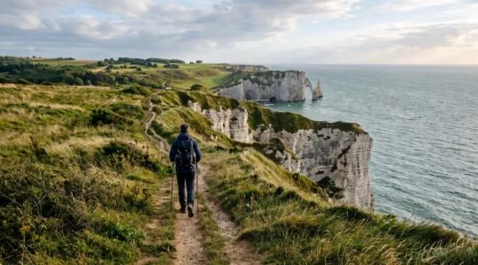 Un randonneur avec sac à dos et bâtons de marche avance sur un sentier herbeux en haut de falaises crayeuses dominant la Manche en Normandie.