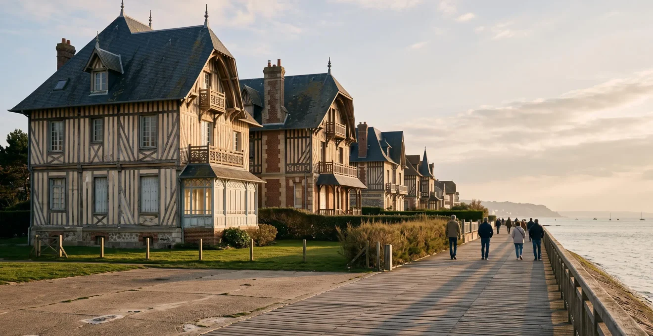 Des villas Belle Époque à colombages et balcons en fonte s'alignent derrière la promenade du front de mer d'une station balnéaire normande.