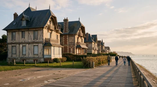 Des villas Belle Époque à colombages et balcons en fonte s'alignent derrière la promenade du front de mer d'une station balnéaire normande.