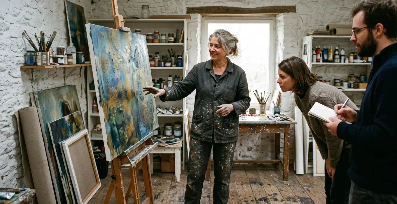 Une artiste contemporaine présente une toile à deux visiteurs dans son atelier aménagé dans un bâtiment en pierre normand.