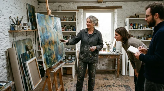 Une artiste contemporaine présente une toile à deux visiteurs dans son atelier aménagé dans un bâtiment en pierre normand.