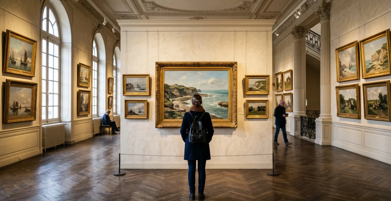 Un visiteur observe de grandes toiles de paysages accrochées dans une galerie ornée d'un musée des beaux-arts normand.