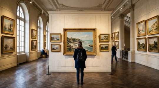 Un visiteur observe de grandes toiles de paysages accrochées dans une galerie ornée d'un musée des beaux-arts normand.