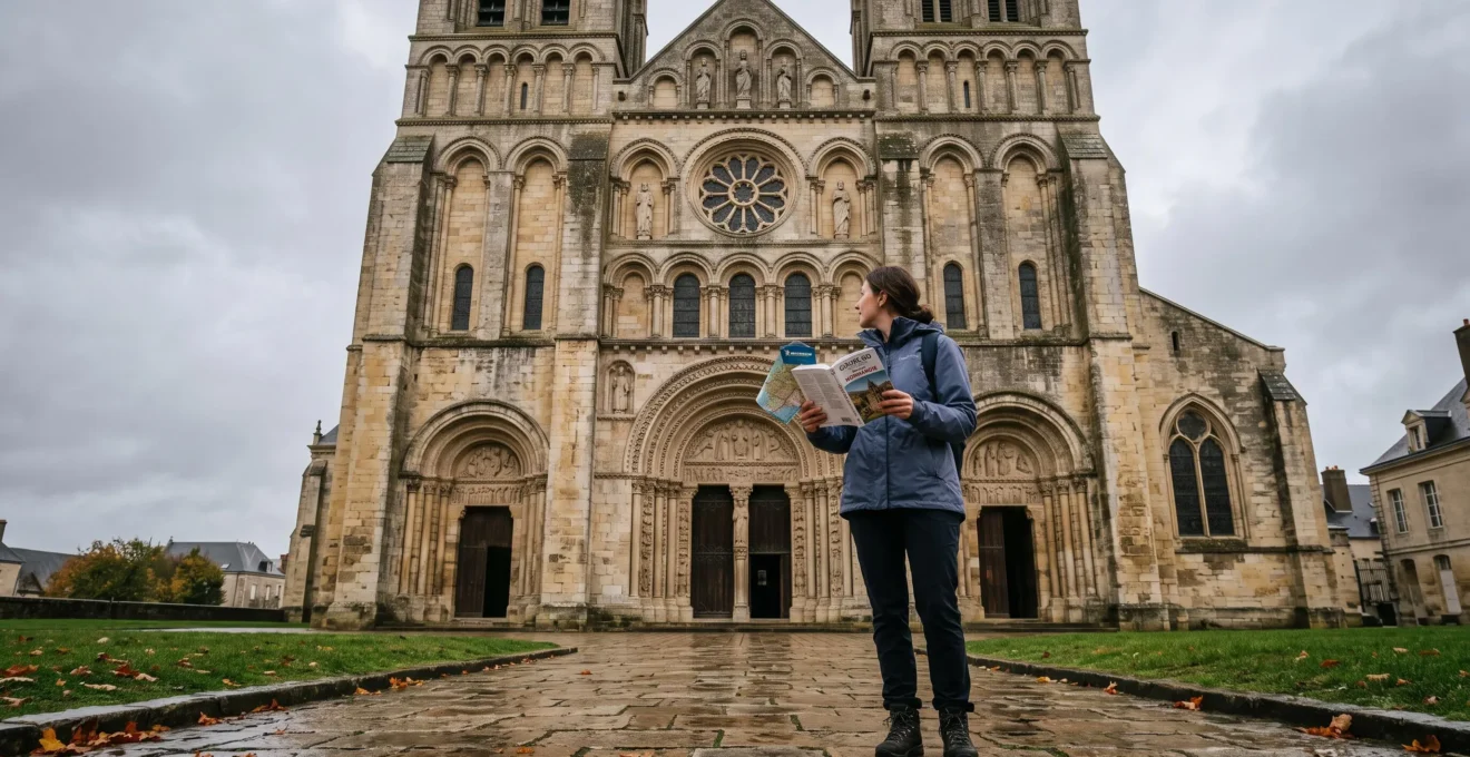 Un visiteur consulte un guide papier devant une abbaye romane de pierre en Normandie sous un ciel couvert.