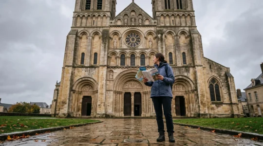 Un visiteur consulte un guide papier devant une abbaye romane de pierre en Normandie sous un ciel couvert.