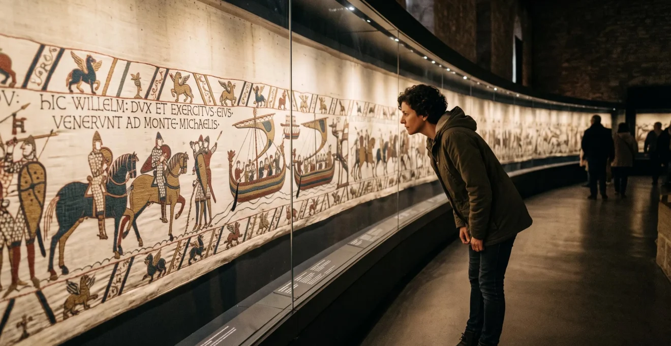 Un visiteur observe dans une salle de musée sombre une longue broderie médiévale aux figures colorées exposée derrière une vitre.
