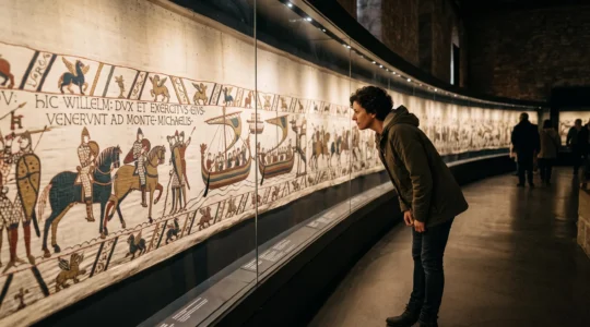 Un visiteur observe dans une salle de musée sombre une longue broderie médiévale aux figures colorées exposée derrière une vitre.