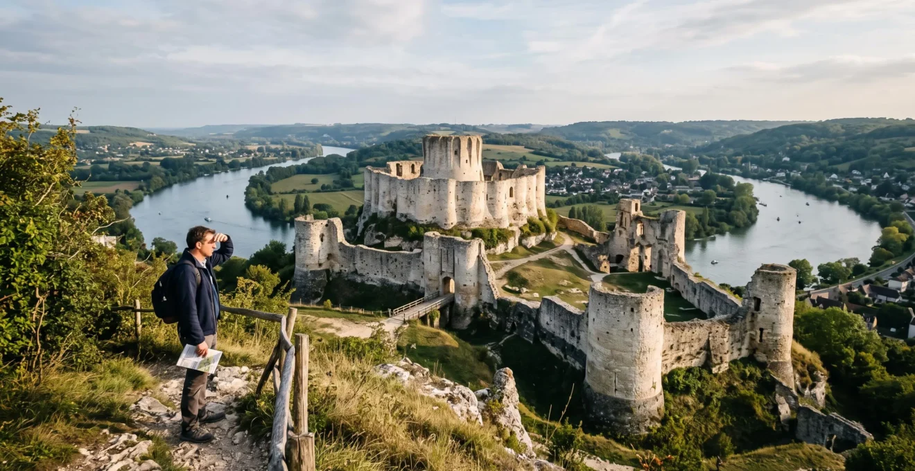 Un visiteur observe depuis un point de vue élevé les ruines du château de Château-Gaillard dominant un méandre de la Seine en Normandie.