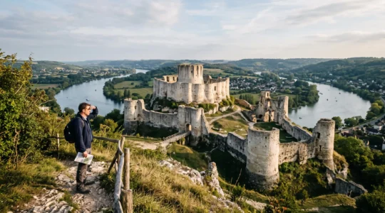 Un visiteur observe depuis un point de vue élevé les ruines du château de Château-Gaillard dominant un méandre de la Seine en Normandie.