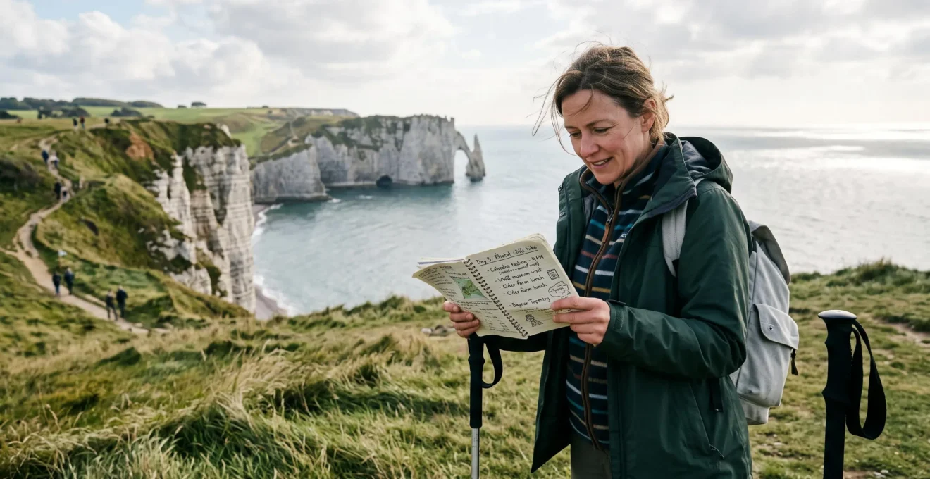 Un voyageur consulte son itinéraire sur un sentier en falaise sur la côte normande, avec la mer et les falaises de craie en arrière-plan.