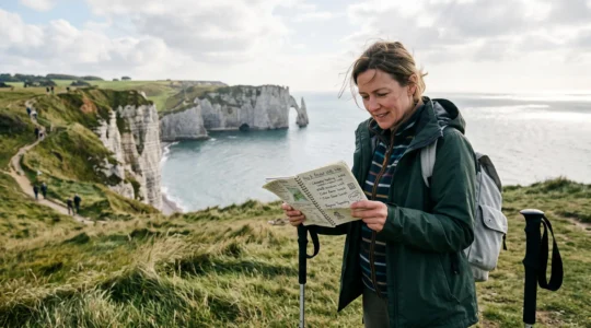 Un voyageur consulte son itinéraire sur un sentier en falaise sur la côte normande, avec la mer et les falaises de craie en arrière-plan.