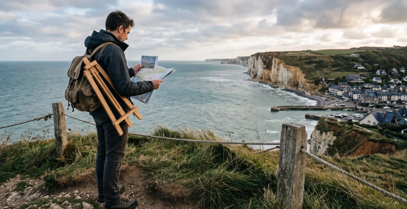 Un voyageur muni d'un chevalet portable compare une reproduction de tableau impressionniste au paysage côtier normand devant lui.