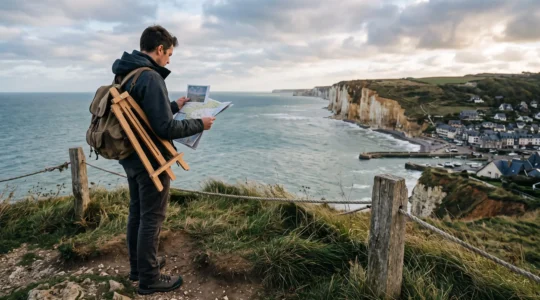 Un voyageur muni d'un chevalet portable compare une reproduction de tableau impressionniste au paysage côtier normand devant lui.