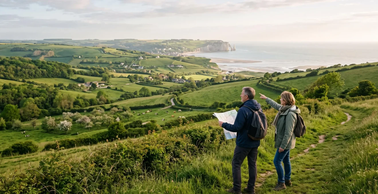 Un couple de voyageurs consulte une carte depuis un point de vue surélevé en Normandie, entre bocage verdoyant et falaises visibles au loin.