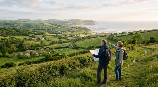 Un couple de voyageurs consulte une carte depuis un point de vue surélevé en Normandie, entre bocage verdoyant et falaises visibles au loin.