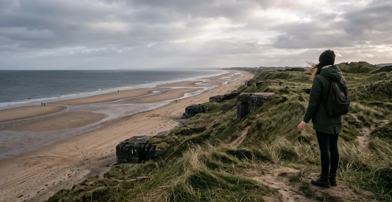 Un visiteur domine depuis les dunes la plage d'Omaha en Normandie, avec des blockhaus allemands dans la pente herbeuse et la mer à marée basse sous un ciel couvert.