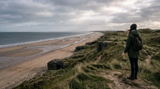 Un visiteur domine depuis les dunes la plage d'Omaha en Normandie, avec des blockhaus allemands dans la pente herbeuse et la mer à marée basse sous un ciel couvert.